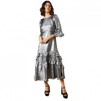 Naval Metallic Foil Tiered Midaxi Gown – 10‑8‑6 Female