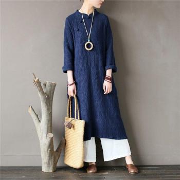 Johnature robe Cheongsam automne – silhouette vintage, manches longues, couleur uni