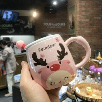 Exquisite 350ml Christmas Elk Couple Mug with Lid and Spoon
