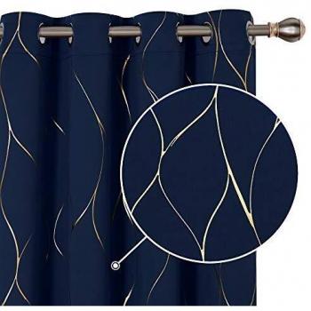 Deconovo Eyelet Blackout Curtains, Thermal Insulated Curtains, Gold Wave Foil Printed Curtains for Living Room, 52 x 72 Inch