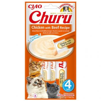Inaba Denko Churu – Purée poulet & bœuf pour chats, 4 x 14 g, saveur gourmande