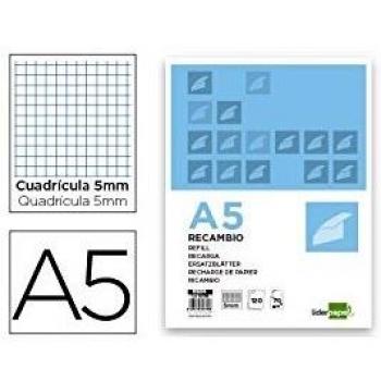 Recambio Liderpapel A5 120 hojas 80g/m2 cuadro 5mm sin margen 6 taladros bandas de 5 colores