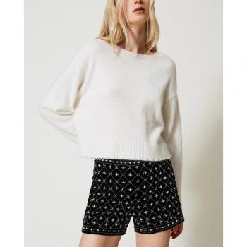 Twinset Women's Black Velvet Geometric Pattern Slim Fit Shorts