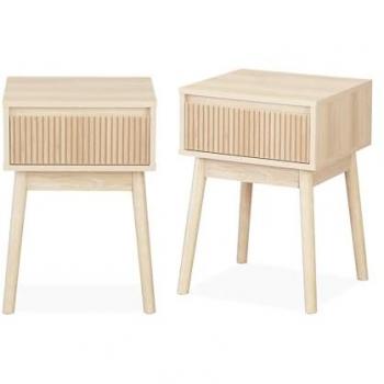 Mesita de noche con un cajón, set de 2, linear, natural, 39x40x48 cm