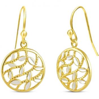 Real 925 Silver Yellow Gold Filigree Round Leaf Earrings for Teens