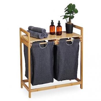 Laundry Storage Shelf, Bamboo, Pull-out Bins, 2 Compartments & 1 Shelf, Natural/Grey