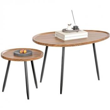 Tables gigognes Homcom – double lot, piètement métallique effilé, finition noyer, beige