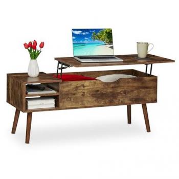 Mesita Centro Elevable con 2 Compartimentos, Industrial, 45x108x40cm, Marrón