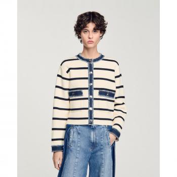 L Ecru Striped Cardigan with Denim Detail – Sandro