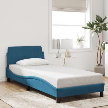 Chambre élégante : lit à sommier, tête de lit velours bleu 90x200 cm