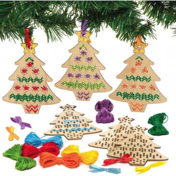 Wooden Christmas Tree Cross Stitch Decoration Set (Pack of 5)