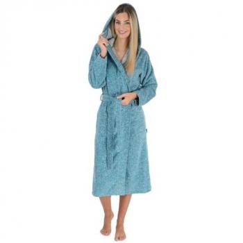 Wewe Fashion Frauen-Bademantel 4630 – weiche Langform aus Velours mit Gürtel und Kapuze