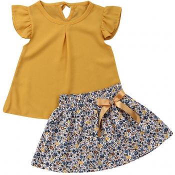 Mädchen Sommerbekleidung 1-5 Jahre Gelbes Chiffon Oberteil + Blumen A-Linie Rock Set