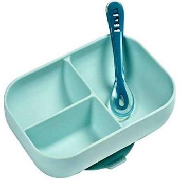 BEABA Assiette enfant et cuillère 2e âge bleu, silicone
