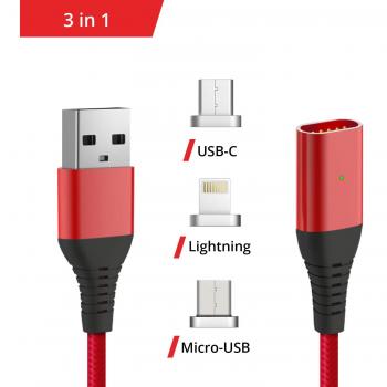 Liamoo 3‑in‑1 Magnetisches Ladekabel in Rot – USB‑C, Lightning & Micro‑USB