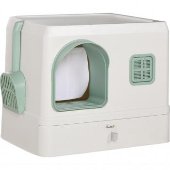 PawHut Hooded Litter Box for Cats, Drawer Design, Scoop and Deodorant Included, White