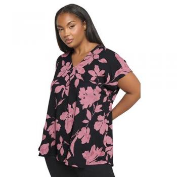 Pleated Floral Front Top – Black, Women’s Size 18