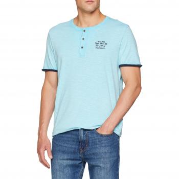 TOM TAILOR Herren T-Shirt Basic mit Knopfleiste und Druck, Blau (Bachelor Button Blue 6375), X-Large