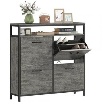 Grey Narrow Shoe Organizer with 4 Flip Drawers and Open Shelf – Holds 12–20 pairs