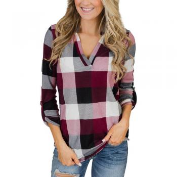 V Neck Plaid para Mujeres, Manga Larga