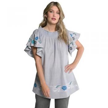 Plus Size Smocked Neck Embroidered Top, Women, Grey, Size: 20/22, Cotton/Linen, Ulla Popken
