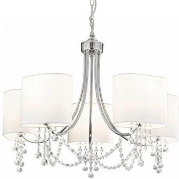 Nina 5 Light Chrome Multi Arm Hanging Lamp with Clear Crystals and Translucent White Shades