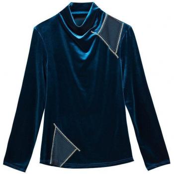 Blouse haut creux brodé bleu or à manches longues