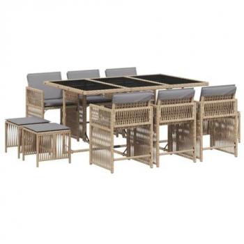 Set Pranzo Giardino 11 pz con Cuscini Beige Misto Polyrattan