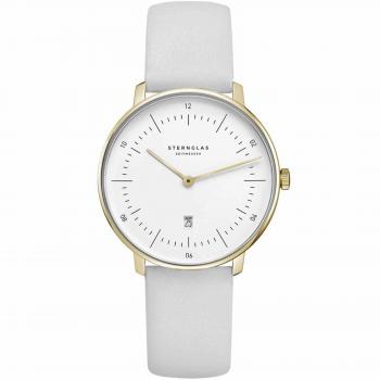 Sternglas Naos XS Quarz‑Uhr, weißes Zifferblatt, goldfarbenes Lederband