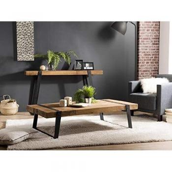 MACABANE Table Basse rectangulaire 140 × 70 cm, teck recyclé, pieds métalliques inclinés 144 × 73 × 36