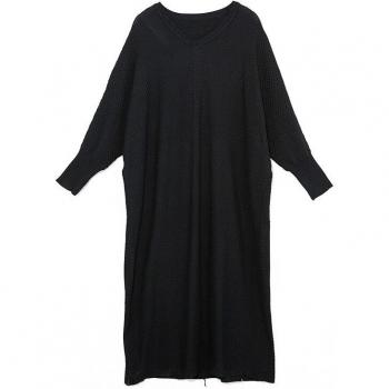 EAM Women's Black Long Dress V-Neck Loose Fit Long Sleeve Plus Size Autumn Winter