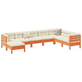 Conjunto de sofás de jardín 8 pzas con cojines de pino marrón
