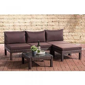 CLP Polyrattan Garten-Set Fiji – 3er-Sofa, Beisteltisch und Hocker (Terrabraun Polster, braun‑meliertes Leder)