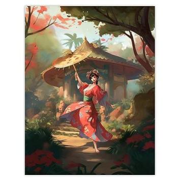 Tranquil Garden Grace: Geisha Performing with Floral Kimono Masterpiece