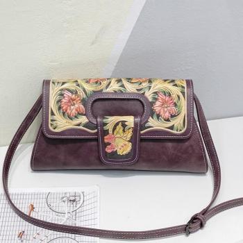 Bolso Bandolera Retro de Cuero para Mujer, Estilo Floral Chino, Versátil y Práctico