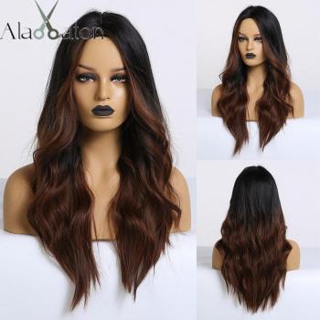 Peluca de Pelo Sintético para Mujer con Ondas y Color Marrón-Rojo