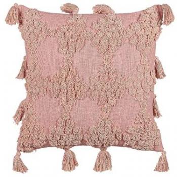 Cuscino Decorativo Boho Rosa 45 x 45 cm in Cotone con Motivo Geometrico e Nappe, Rivestimento Sfoderabile con Imbottitura