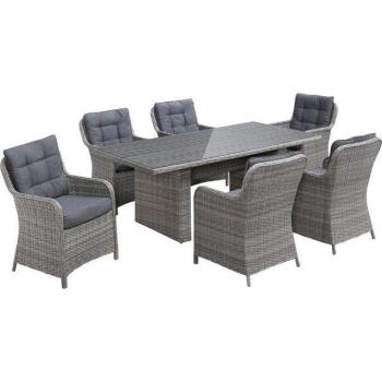 KONIFERA Menorca Essgruppe – Grau, 19‑teiliger Polyrattan‑Sessel‑Tisch‑Set
