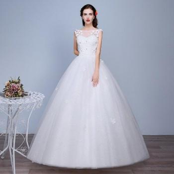 Sleeveless White Wedding Gown Ball Dress O-Neck Beaded Lace Appliques Tulle