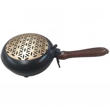 Saraswati Flower of Life Incense Bowl – Black Steel & Gold Accents, Wood Grip