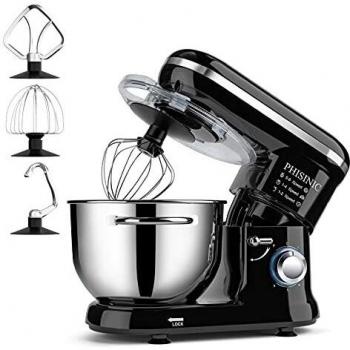 PHISINIC Kitchen Stand Mixer, 5.5L 1500W, Food Mixer with Dough Hook, Whisk, Beater, Splash Guard, Dishwasher Safe (Black)