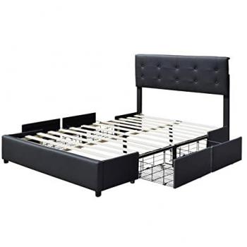 Lit Simple Chloé 140x190 avec Sommier et Tiroirs Intégrés, Tête de Lit en Couleur Noir