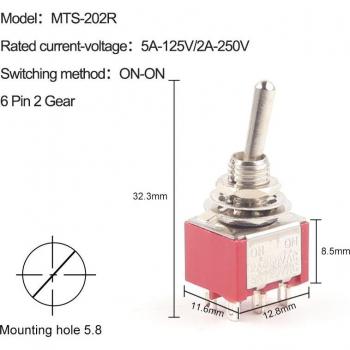 5PCS Miniature Toggle Switch MTS-203 ON-OFF-ON 5A125V 2A250V 6mm
