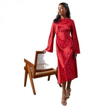 Petite Floral Satin Cowl Bias Midaxi Dress in Red