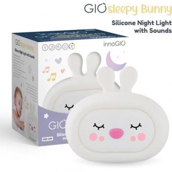 InnoGIO GIOsleepy Bunny, Lampada Notturna Musicale per Bambini in Silicone Morbido, 8 Colori Alternati, Melodie Rilassanti, Ricarica Micro-USB