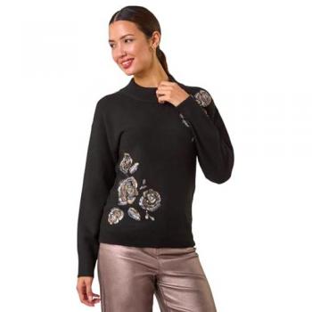 Pull Noir avec Imprimé Floral et Paillettes
