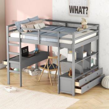OKWISH Hochbett mit Stauraum und Schreibtisch für Kinder, Grau, 140 x 200 cm