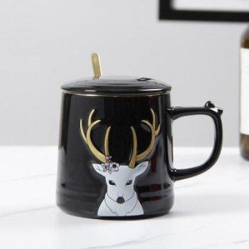 350ml Christmas Elk Couple Mugs with Lid and Spoon