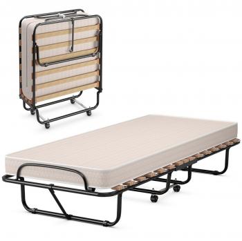 Beige Portable Steel Cot Bed with Mattress