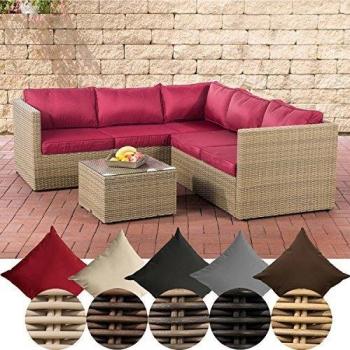 CLP Gartenlounge Set Genero 5 MM – 5‑Personen Sofa (3/2) + Tisch, Naturfarbe, Rubinrot Polster